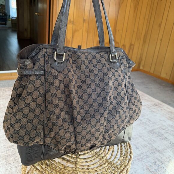 Gucci Handbags - GUCCI GG Nylon Full Moon Tote Bag Brown Leather Canvas Large Monogrammed Print